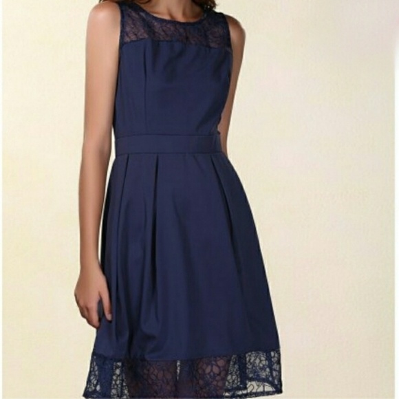 Navy Blue Lace Fit and Flare Dress - Picture 1 of 4